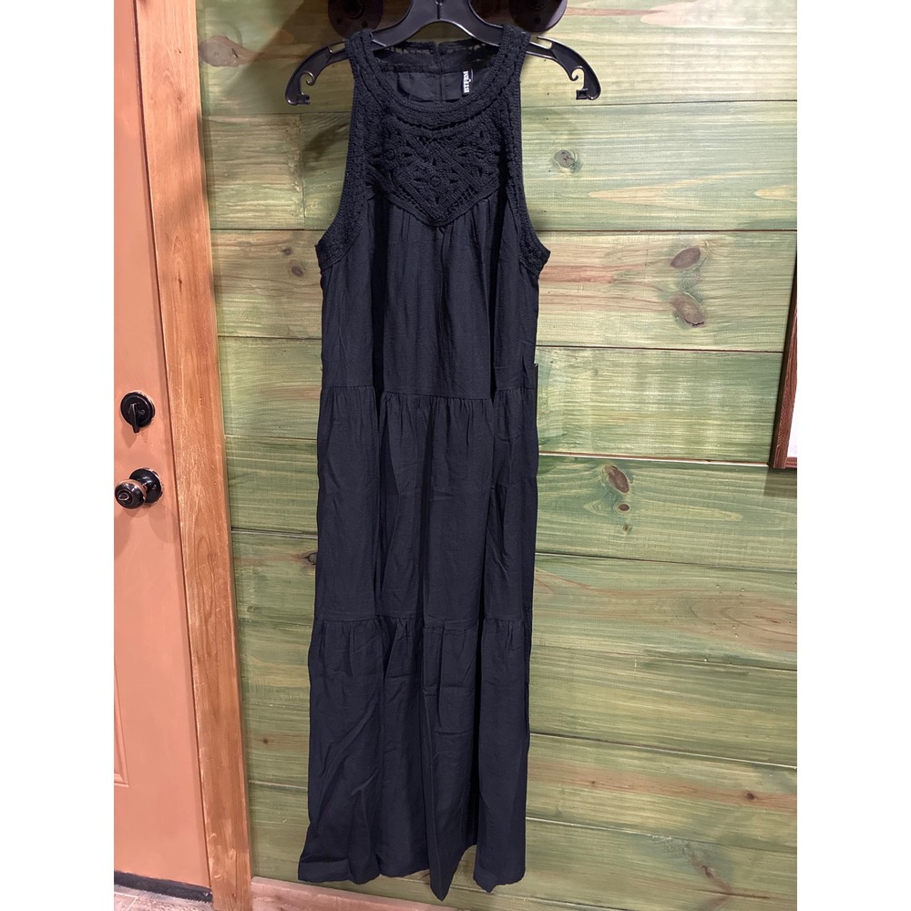BTFBM Black‎ Crochet Lace Halter Maxi Dress Tiered Boho Sleeveless Medium